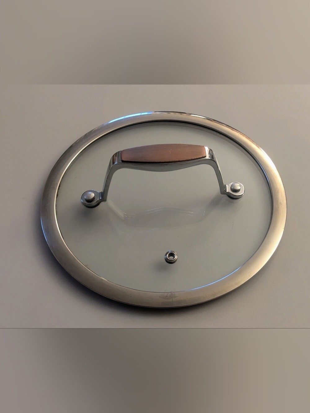 Glass Stainless Steel Vented Pot Pan Lid 6.75" Inner Lip 7.5" D. Copper Handle.